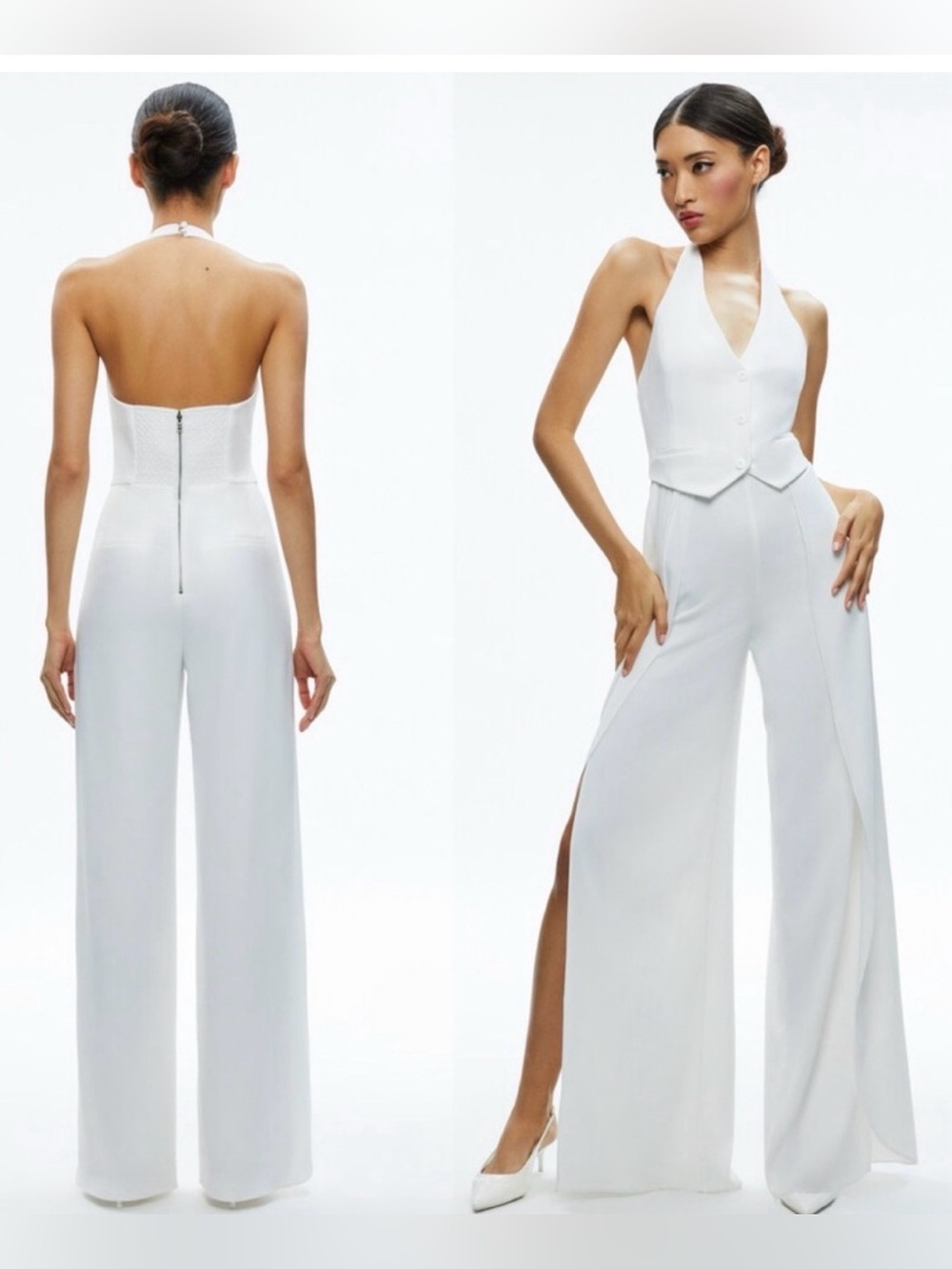 NWT Alice + Olivia $550 Off White ROBIN Halterneck Vest Jumpsuit Size 6 #077